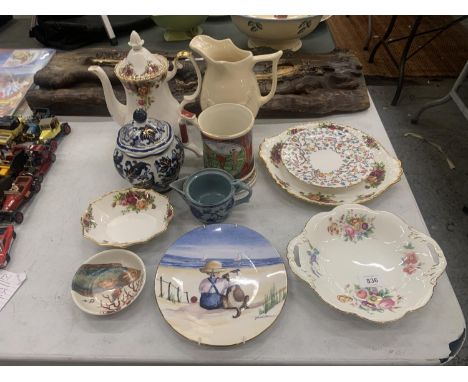 A MIXED LOT OF CERAMICS TO INCLUDE A COALPORT DISH, A SADLER "GOLFING" TANKER, A ROYAL ALBERT "OLD COUNTRY ROSES" TEA POT AND