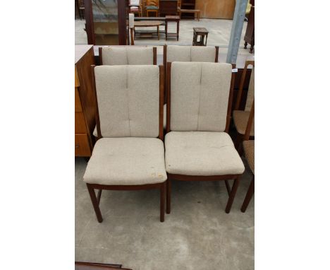 A SET OF FOUR RETRO TEAK WHITE AND NEWTON DANISH STYLE UPHOLSTERED AND LADDER-BACK DINING CHAIRS 