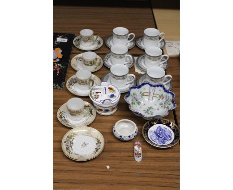 A QUANTITY OF COFFEE CANS AND SAUCERS, A QUIMPER LIDDED POT, ETC 