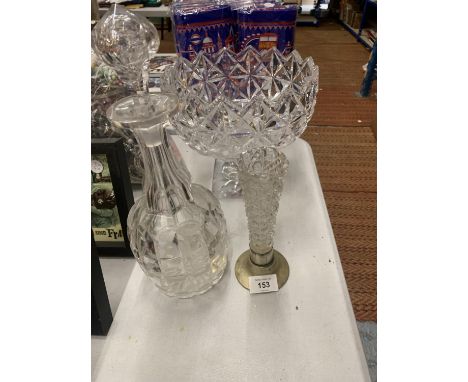 A LARGE, HEAVY CUT GLASS PEDESTAL BOWL AND DECANTER, PLUS A VASE WITH SILVER PLATED BASE 