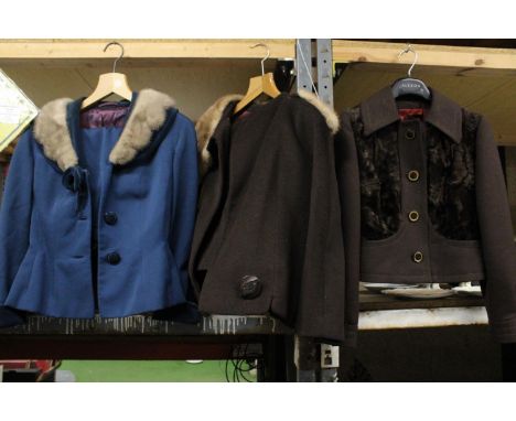 A VINTAGE LADIES "FOGAIRE" OF LONDON TEAL COLOURED SKIRT SUIT AND JACKET, A "BLIN AND BLIN" FRANCE AND ENGLAND FOR WEST, COAT