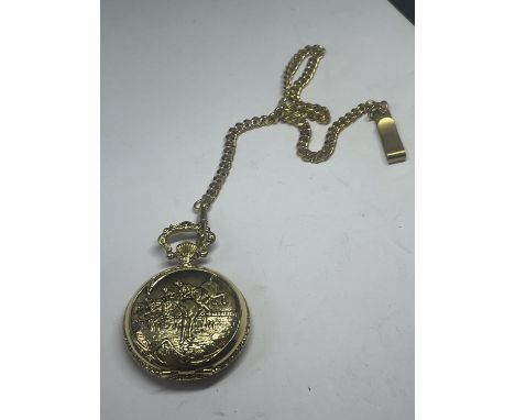 A HUNTING/RACING SCENE POCKET WATCH ON CHAIN IN A PRESENTATION BOX 