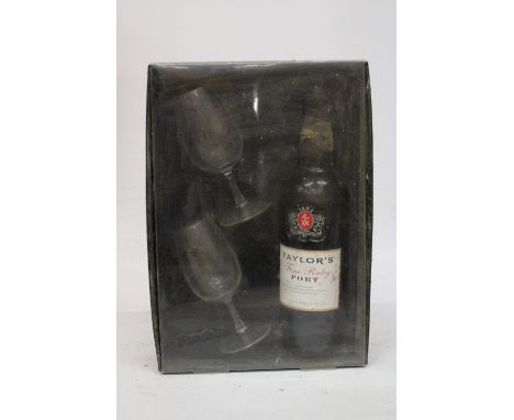 A BOXED 75 CL BOTTLE OF TAYLOR'S FINE RUBY PORT WITH TWO GLASSES 