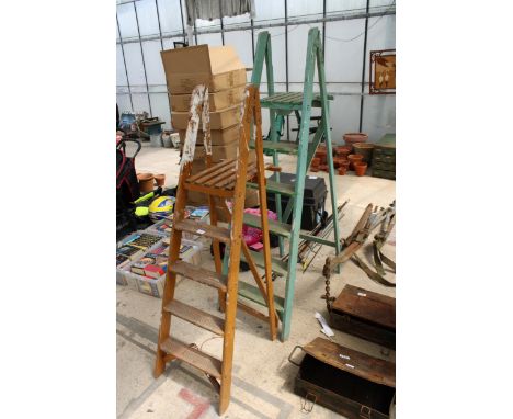 TWO VINTAGE WOODEN FOLDING STEP LADDERS 