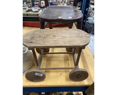 A VINTAGE BEECH CHILD'S CHAIR PLUS A SMALL BEECH TROLLEY 