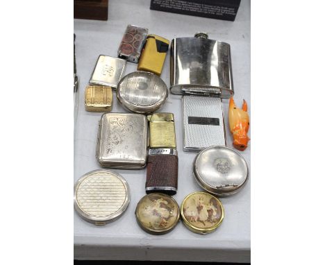 A COLLECTION OF VINTAGE LIGHTERS, CASES AND A HIP FLASK 