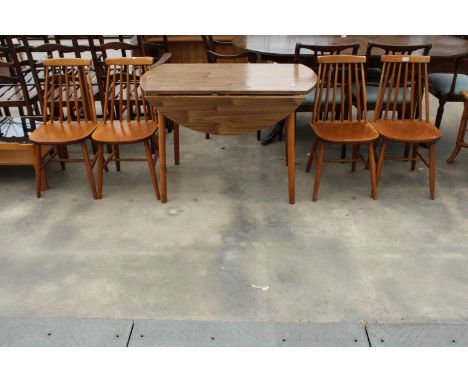 A DINETTE 41" DIAMETER FORMICA TOP KITCHEN TABLE AND FOUR ERCOL STYLE CHAIRS 