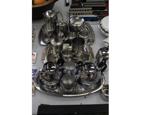 A LARGE QUANTITY OF STAINLESS STEEL KITCHENWARE TO INCLUDE TEAPOT, COFFEEPOT, CREAMER, SUGAR BOWL, ETC., TOGETHER WITH A QUAN