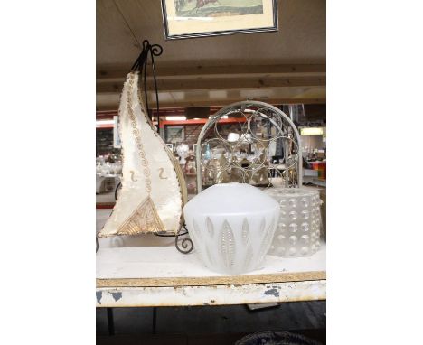 TWO VINTAGE GLASS LIGHT SHADES, A MOROCCAN STLE LAMP WITH FABRIC SHADE - A/F, PLUS A METAL WINE RACK 