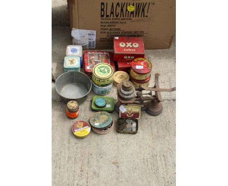AN ASSORTMENT OF ITEMS TO INCLUDE VINTAGE TINS, SCALES AND WEIGHTS AND COINS ETC 