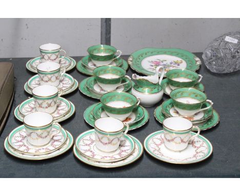 A QUANTITY OF VINTAGE TEAWARE TO INCLUDE MINTON TRIOS AND CHELSON, CAKE PLATE, CREAM JUG, CUPS, SAUCERS AND SIDE PLATES 