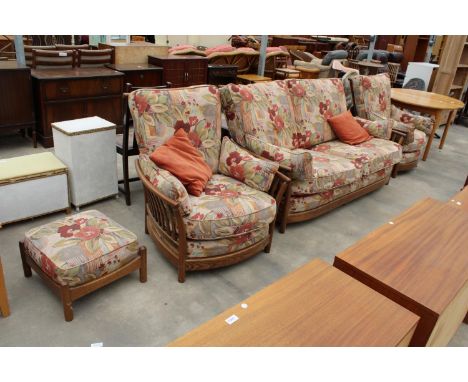 AN ERCOL ELM RENAISSANCE FOUR PIECE POPPY DESIGN THREE PIECE SUITE, COMPRISING SETTEE, TWO CHAIRS AND STOOL 