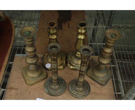 THREE PAIRS OF VINTAGE BRASS CANDLESTICKS 