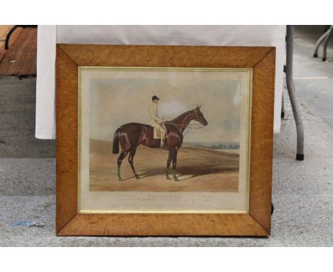 A FRAMED VINTAGE PRINT OF 'CORONATION', WINNER OF THE DERBY AT EPSON 1841, IN A WALNUT FRAME, 59CM X 52CM 