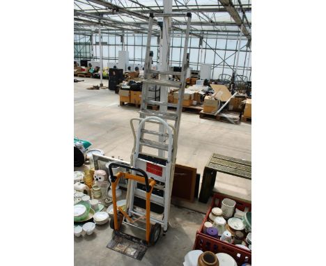 THREE VARIOUS STEP LADDERS TO INCLUDE AN ALUMINIUM EXAMPLE AND A FURTHER SACK TRUCK 