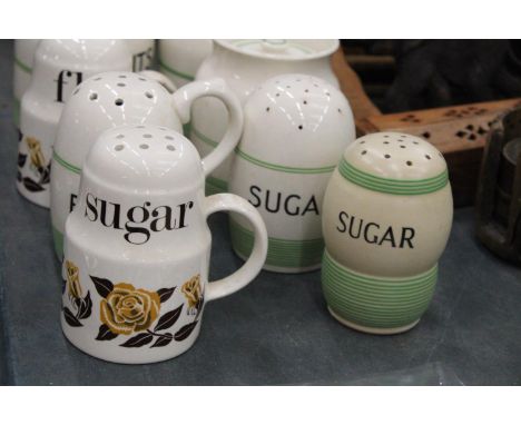 A QUANTITY OF KLEEN KITCHENWARE TOGETHER WITH A VINTAGE CHINA SUGAR AND FLOUR SHAKER 