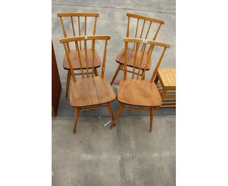A SET OF FOUR ELM AND BEECH ERCOL STYLE DINING CHAIRS 