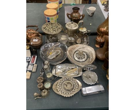 A LARGE QUANTITY OF SILVER PLATE TO INCLUDE A CRUET SET, TRAYS, ROSE BOWL, TEAPOT, CREAMER, ETC., 