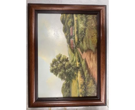 A WOODEN FRAMED OIL ON BOARD OF A COUNTRYSIDE SCENE SIGNED POOLE TO THE LOWER RIGHT HAND CORNER 24CM X 34CM 