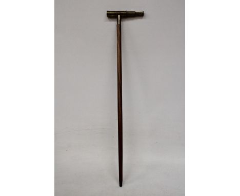 A BRASS AND LEATHER THREE DRAWER TELESCOPE WALKING STICK 