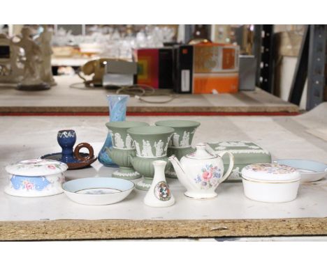 A QUANTITY OF GREEN WEDGWOOD JASPERWARE TO INCLUDE, VASES, TRINKET BOXES, ETC, PLUS ROYAL WORCESTER PIN TRAYS, A MINIATURE SA