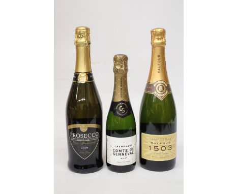 A BOTTLE OF VINO SPUMANTE PROSECCO 2019 TOGETHER WITH A BOTTLE OF BALFOUR 1503 CLASSIC CUVEE AND A BOTTLE OF COMTE DE SENNEVA