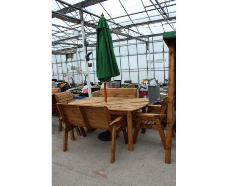 AN AS NEW EX DISPLAY CHARLES TAYLOR GARDEN FURNITURE SET WITH AN OVAL TABLE, TWO 2 SEATER BENCHES, TWO CHAIRS AND A PARASOL W