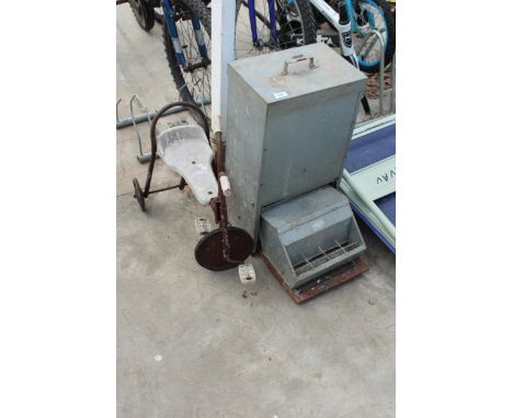 A GALVANISED POULTRY FEEDER AND A VINTAGE CHILDS TRIKE 