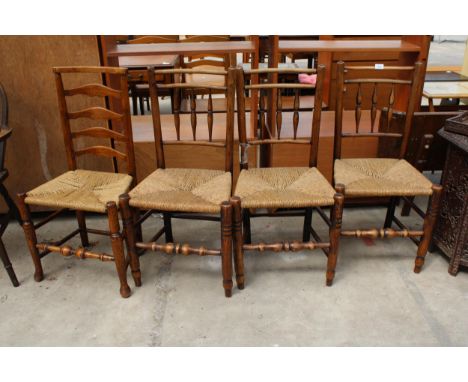 THREE ELM GEORGIAN SPINDLE BACK RUSH SEATED DINING CHAIRS AND SIMILAR LADDER-BACK CHAIR 