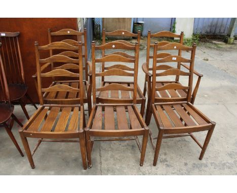 A SET OF SIX ERCOL OLD COLONIAL ELM LADDER BACK DINING CHAIRS 