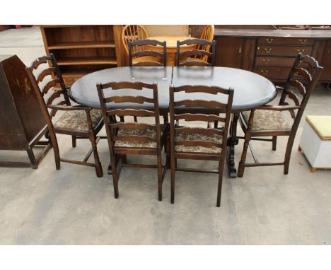 A PRIORY INN SCENE EXTENDING DINING TABLE 66" X 34" (LEAF 17.5") AND SIX LADDER-BACK CHAIRS, TWO BEING CARVERS 