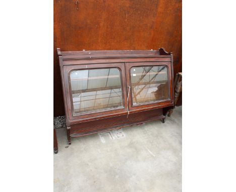 A VICTORIAN MAHOGANY TWO DOOR GLAZED WALL CABINET/SHELF, 57" WIDE 