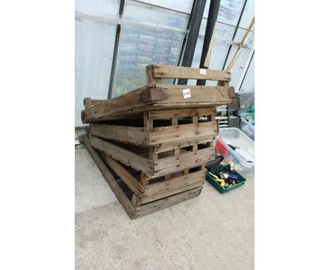 FIVE VINTAGE WOODEN POTATO SPRITTING BOXES 