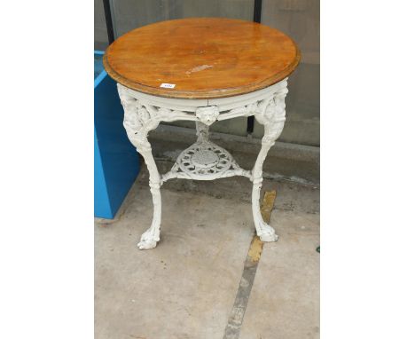A VINTAGE BRITANNIA STYLE PUB TABLE WITH WOODEN TOP 