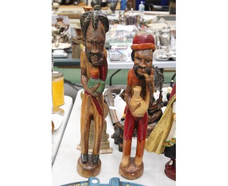 TWO VINTAGE HAND CARVED, PAINTED WOODEN RASTA MEN - TALLEST APPROXIMATELY 57CM HIGH 