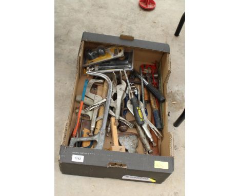 AN ASSORTMENT OF TOOLS TO INCLUDE A HACK SAW, SPANNERS AND AN AXE ETC 