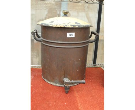 A VINTAGE COPPER WATER URN WITH LOWER BRASS TAP 