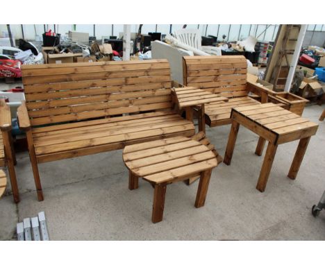 AN AS NEW EX DISPLAY CHARLES TAYLOR PATIO SET COMPRISING OF A THREE SEATER BENCH, A TWO SEATER BENCH, TWO JOINING ARM RESTS A