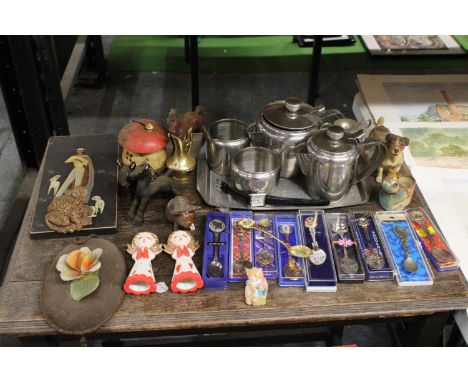 A MIXED LOT TO INCLUDE A STAINLESS STEEL TEASET, A ROTARY WATCH WITH MOTHER OF PEARL FACE, SOUVENIR TEASPOONS, ANIMAL FIGURES