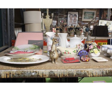 A QUANTITY OF CERAMICS, ETC, TO INCLUDE VASES, A TEAPOT, LARGE COALPORT POSY, GLASS PAPERWEIGHTS, A KANGAROO, ROYAL DOULTON C