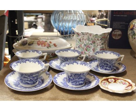 FIVE GEORGE JONES AND SONS, "CRESCENT" BLUE AND WHITE CUPS AND SAUCERS, A FLORAL PLANTER,PLUS A PAIR OF CONTINENTAL FIGURES A