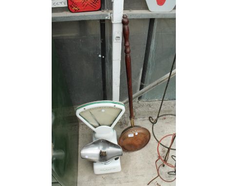A COPPER BED WARMING PAN AND A SET OF SCALES SERVICE CO. LTD SWEET SHOP SCALES 