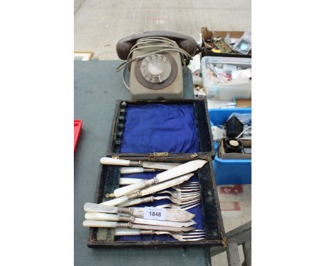 AN ASSORTMENT OF ITEMS TO INCLUDE FLATWARE AND  A ROTARY DIAL TELEPHONE 