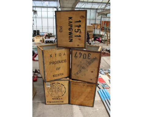 FIVE VINTAGE WOODEN TEA CHESTS 