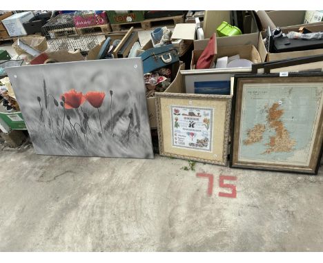 THREE VARIOUS FRAMED PICTURES AND PRINTS TO INCLUDE A PRINTED POPPY CANVAS, A FRAMED TAPESTRY, AND A FRAMED PRINT OF THE BRIT