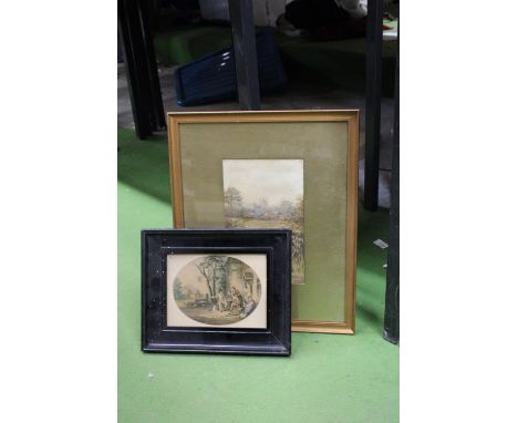 A FRAMED VINTAGE WATERCOLOUR OF A COUNTRY SIDE CHURCH SCENE, PLUS A FURTHER FRAMED LE BLOND BAXTER PRINT OF THE SOLDIERS RETU