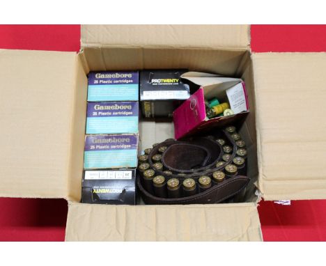 A fine quality leather cartridge belt with approx one hundred and seventy six 20 bore cartridges (most boxed), this item can 