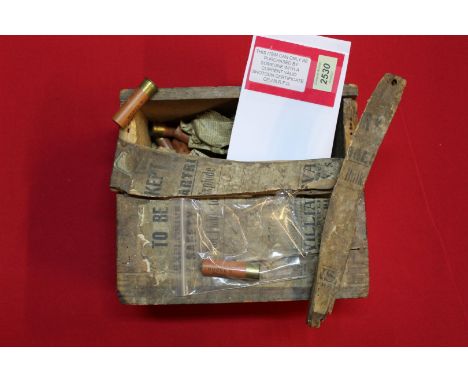 A wooden box (as found) containing a quantity of 20 bore cartridges marked Nobel's Gas Tight Cartridge Case 'metal lined' hea