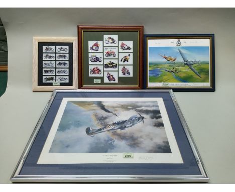 An aviation print 'Victory Over Dunkirk' with a 'Battle of Britain' memorial print plus two displays of motor cycle cards, al