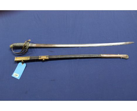 A Victorian British model 1822 Infantry Officers sword with brass mounted scabbard, this example, plain blade with no 'pipe-b